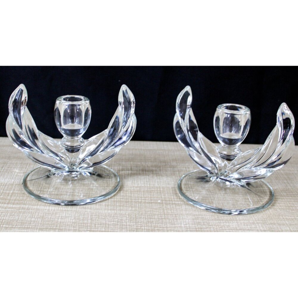 Vintage Set of 2 Indiana Glass Clear Willow Laurel Design Single Candlestick MCM